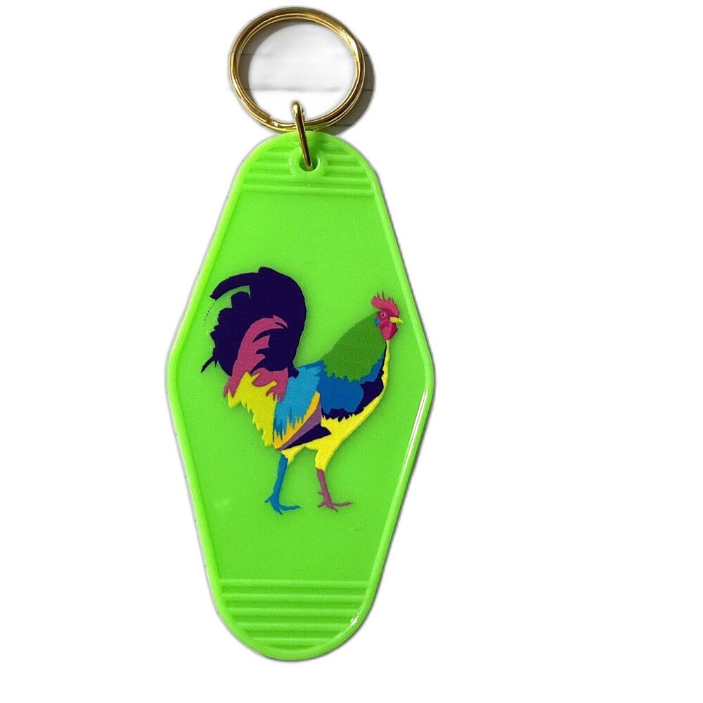 Neon Green Motel Keychain Psychedelic Rooster